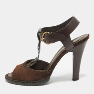 Pre Owned Yves Saint Laurent Dark Brown Suede and Leather Whipstitch T Strap Sandals Size 40