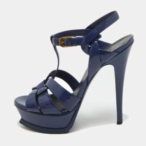 Pre Owned Yves Saint Laurent  Blue Patent Tribute Ankle Strap Sandals Size 36