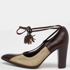 Yves Saint Laurent Brown/Beige Suede and Leather Fringe Detail Ankle Wrap Pumps Size 37