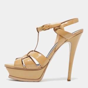 Pre Owned Yves Saint Laurent Beige Patent Leather Tribute Platform Sandals Size 37.5