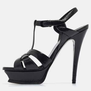 Pre Owned Yves Saint Laurent Black Textured Patent Leather Tribute Platform Ankle Strap Sandals Size 36.5