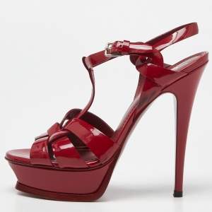 Pre Owned Yves Saint Laurent Red Patent Leather Tribute Platform Sandals Size 37