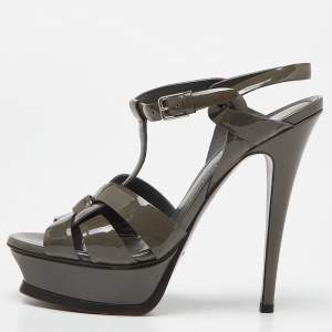 Yves Saint Laurent Grey Patent Leather Tribute Sandals Size 37