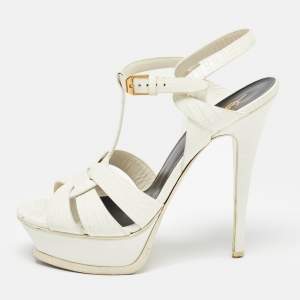 Pre Owned Yves Saint Laurent White Lizard Embossed Leather Tribute Platform Ankle Strap Sandals Size 38