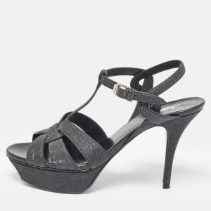 Yves Saint Laurent Black Glitter Crystal Embellished Tribute Sandals Size 39