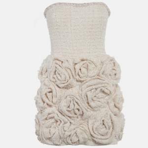 Pre Owned Yvon Pink /White Lurex Tweed Rose Applique Zinnia Mini Dress M