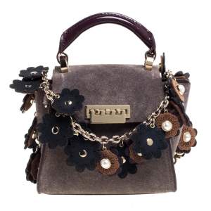 Zac Posen Grey/Burgundy Suede and Patent Leather Mini Eartha Iconic Top Handle Bag