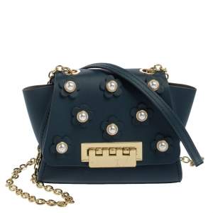 ZAC Zac Posen Dark Blue Leather Mini Faux Pearl Eartha Crossbody Bag