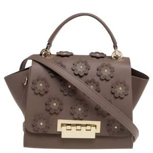 Zac Posen Dark Beige Floral Applique Leather Eartha Top Handle Bag