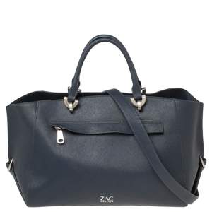 Zac Posen Navy Blue Saffiano Leather Front Zip Tote