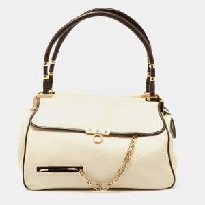 Zac Posen Off White/Brown Grained Leather Frame Tote