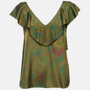 Zadig & Voltaire Green Teen Jungle Print Silk Ruffled Top L