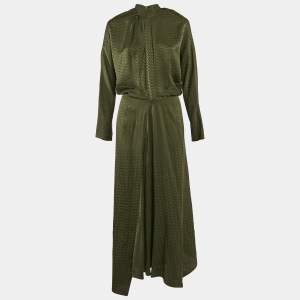Zadig & Voltaire Green Logo Jacquard Silk Asymmetric Tie-Up Detail Midi Dress M