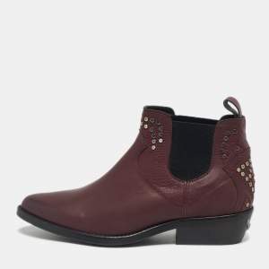 Pre Owned Zadig & Voltaire Burgundy Leather Thylana Studded Ankle Boots Size 36
