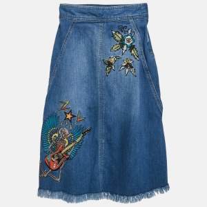 Zadig & Voltaire Blue Applique Denim Raw Edge Midi Skirt S