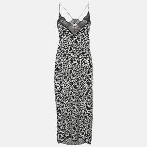 Zadig & Voltaire Black/White Hearts Risty Print Silk and Lace Trim Midi Slip Dress L