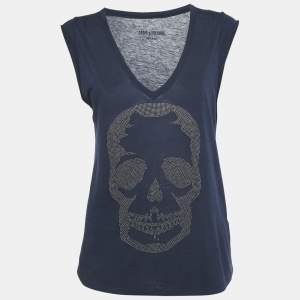 Zadig & Voltaire Navy Blue Skull Stud Cotton and Modal Knit Brooklyn Strass Top S