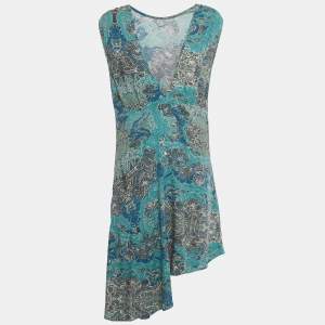 Pre Owned Zadig & Voltaire Green Printed Crepe Asymmetric Hem Root Robe Short Dress M
