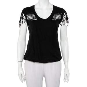 Zadig & Voltaire Black Cotton Scoop Neck Wanda Fringes T-Shirt XS