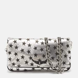 Zadig & Voltaire Silver/Black Leather Circus Star Rock Foldover Clutch Bag