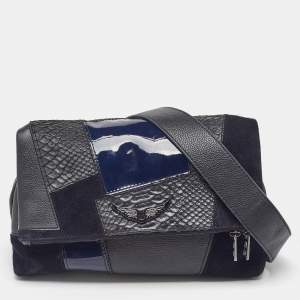 Zadig & Voltaire Black/Navy Blue Leather and Suede Patchwork Flap Shoulder Bag