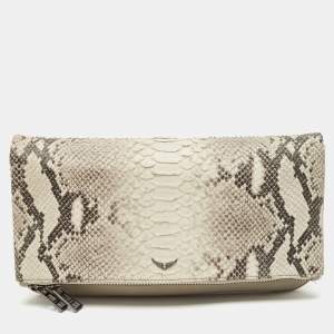Zadig & Voltaire Grey Python Embossed Leather Rock Foldover Clutch Bag