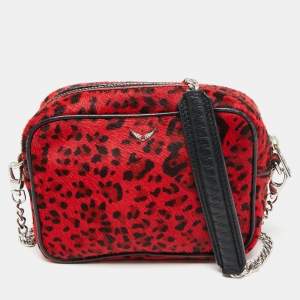 Zadig & Voltaire Red/Black Calf Hair and Leather Leopard Print Camera Bag