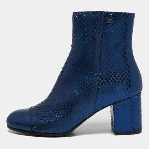 Zadig & Voltaire Blue Python Embossed Leather Block Heel Ankle Boots Size 36