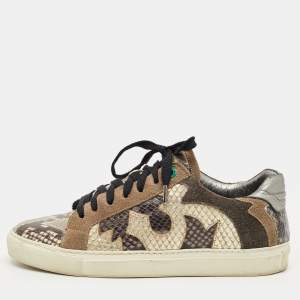 Pre Owned Zadig & Voltaire Multicolor Python Embossed Leather and Suede Trainer Sneakers Size 38