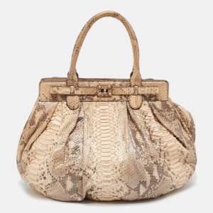 Zagliani Beige/Brown Shimmer Python Puffy Hobo