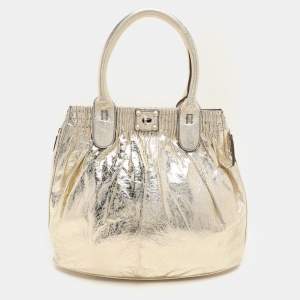 Zagliani Gold Crinkled Leather Side Zip Detail Tote