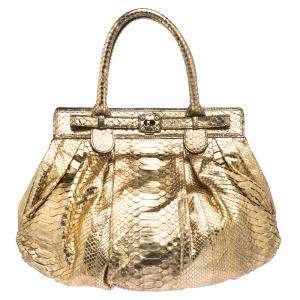 Zagliani Metallic Gold Python Puffy Hobo