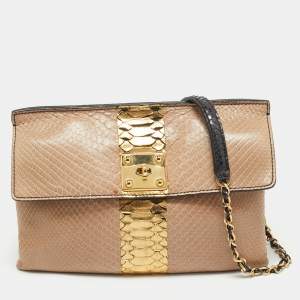 Zagliani Beige/Black Python Turnlock Flap Chain Shoulder Bag