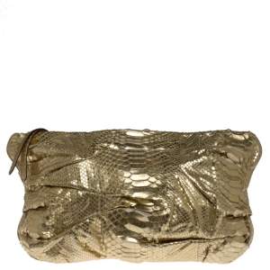 Zagliani Gold Metallic Python Top Zip Clutch 