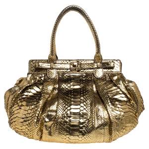 Zagliani Metallic Gold Python Puffy Hobo