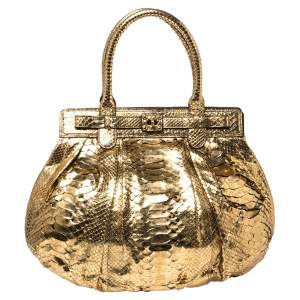 Zagliani Metallic Gold Python Puffy Hobo