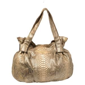 Zagliani Gold Metallic Python Pleated Shoulder Bag