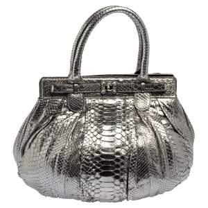 Zagliani Metallic Silver Python Puffy Hobo