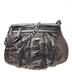 Zagliani Metallic Grey Python Leather Chain Shoulder Bag