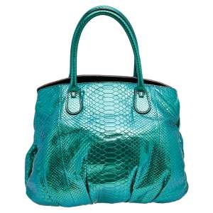 Zagliani Metallic Green Python Top Zip Tote