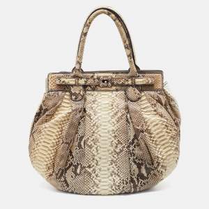 Zagliani Cream/Brown Python Leather Puffy Satchel