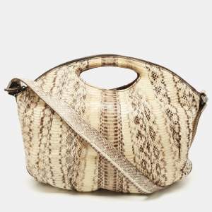 Zagliani Cream/Black Watersnake Leather Cut Out Handle Hobo