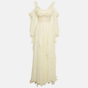Pre Owned Zeena Zaki Lemon Yellow Crepe Ruffle Maxi Dress S