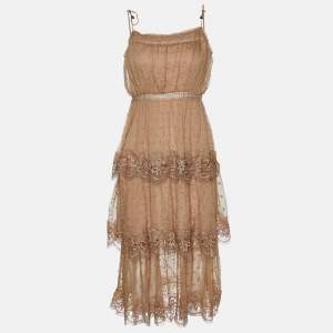 Pre Owned Zimmermann Brown Dotted Silk Lace Trim Mini Dress S