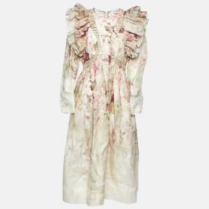 Zimmermann Pink Floral Print Linen & Silk Organza Dancer Midi Dress L
