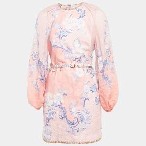 Zimmermann Pink Swirl Floral Print Linen Shell Detail Postcard Mini Dress L