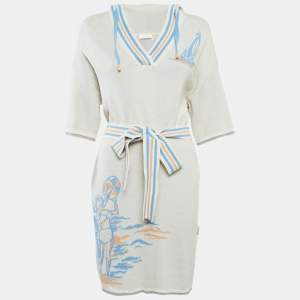Zimmermann Off-White Patterned Cotton Knit Hooded Mini Dress L