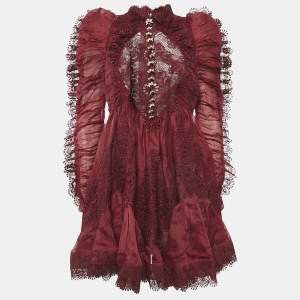 Zimmermann Burgundy Linen and Silk Lace Trimmed Mini Dress M