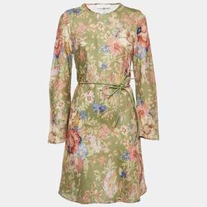 Zimmermann Green Floral Print Linen August Bias Mini Dress L