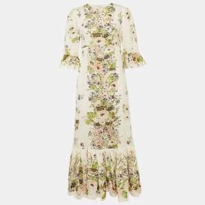 Zimmermann White Floral Print Linen Halliday Frill Sleeve Dress M